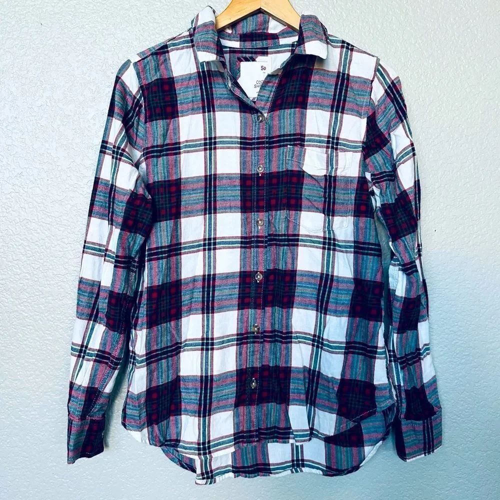 SO Flannel Plaid Red Green Button Down Shirt M